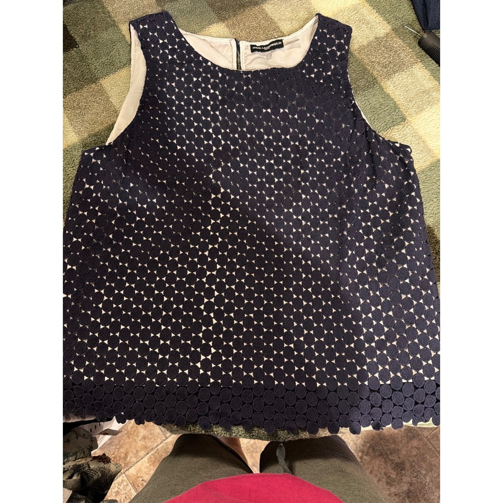 Karl Lagerfeld‎ Paris Navy Blue Eyelet Sleeveless Top Size 14 Geometric Shell